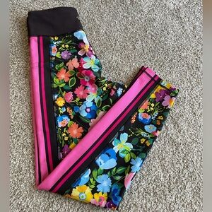 Johnny Was Bee Active Black Floral Leggings with Hot Pink Side Stripes